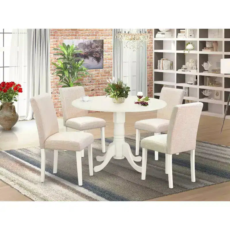 Rundes Küchentisch-Set mit 4 Stühlen - 42-Zoll-Esstisch & gepolsterte Stühle - Leinenweiß & Beige