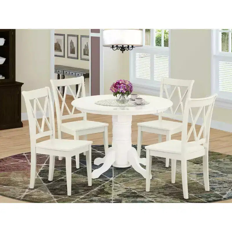 Esstisch-Set für 4 Personen – 5-teiliges Set aus rundem Küchentisch mit Stühlen – Charme der alten Welt – 107 cm – Leinenweiß