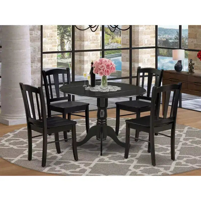 HomeStock 5-teiliges Esszimmer-Set mit Tischplatte aus Massivholz in Schwarz und 4 Stühlen