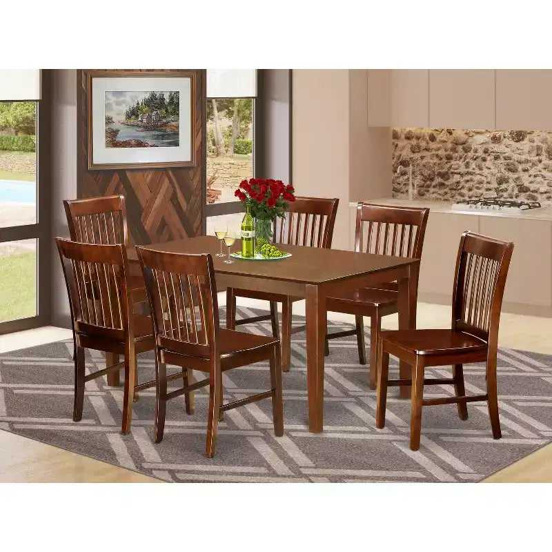 HomeStock 7-teiliges rechteckiges Esszimmertisch-Set mit Mahagoni-Finish, massiver Holzplatte und 6 Stühlen mit Lattenrücken, für 6 Personen