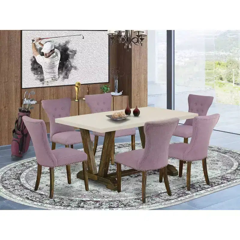 HomeStock 7-teiliges Esszimmer-Set – Massivholzplatte, rechteckig, mit Knopfheftung gepolsterte Stühle, mehrfarbig – für 4 Personen