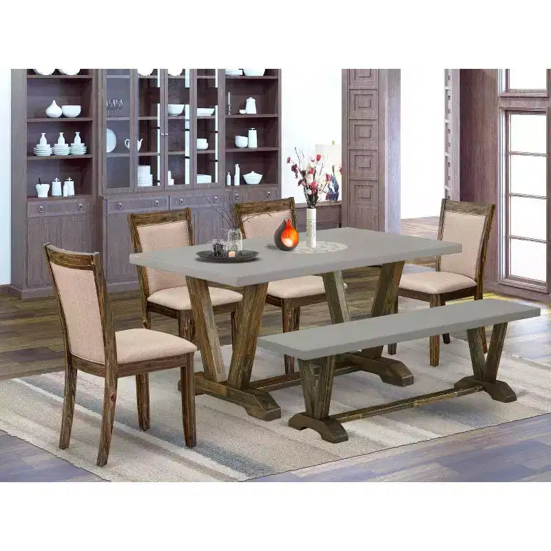 HomeStock 6-teiliger Esstisch mit rechteckiger, abgenutzter Jacobean-Finish-Massivholzplatte mit 1 Bank, 4 Stühlen