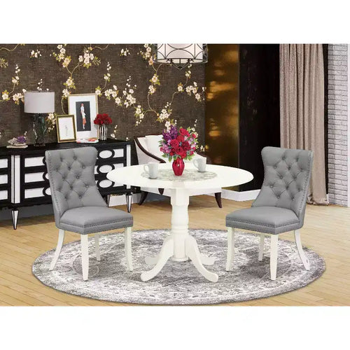 3-teiliges Esszimmer-Set, weißes Massivholz, runder Polsterstuhl-Tisch – für 4 Personen