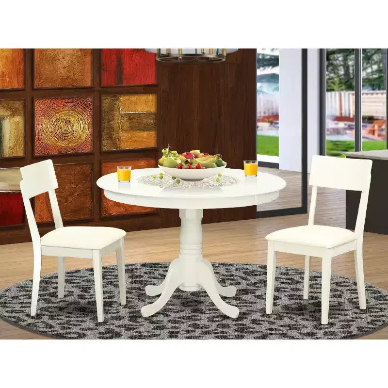 Mid-Century Essgruppe - 3-teiliges Set aus Tisch & Stühlen - Leinenweißes Finish - Runder Esstisch