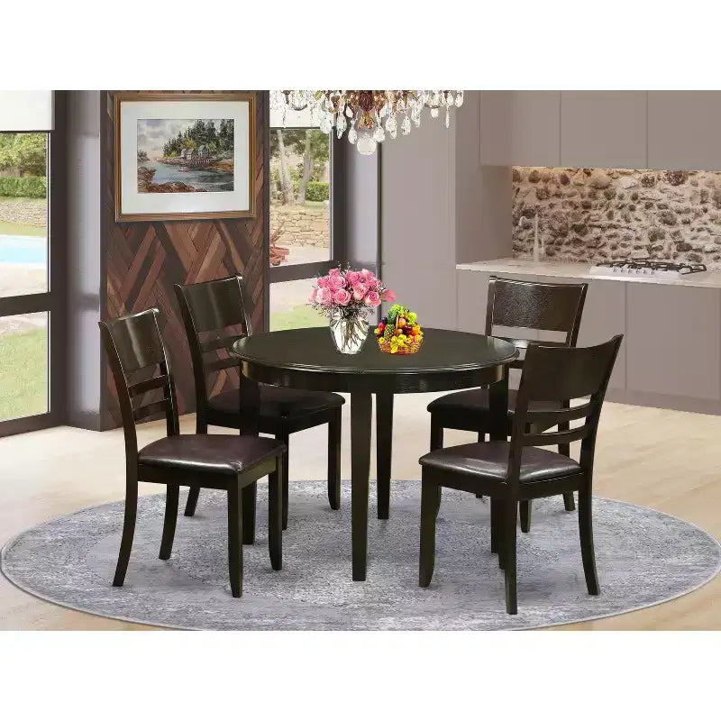 HomeStock 5-teiliges Esszimmerset, runder Tisch mit Cappuccino-Finish und Massivholzplatte, inklusive 4 Stühlen