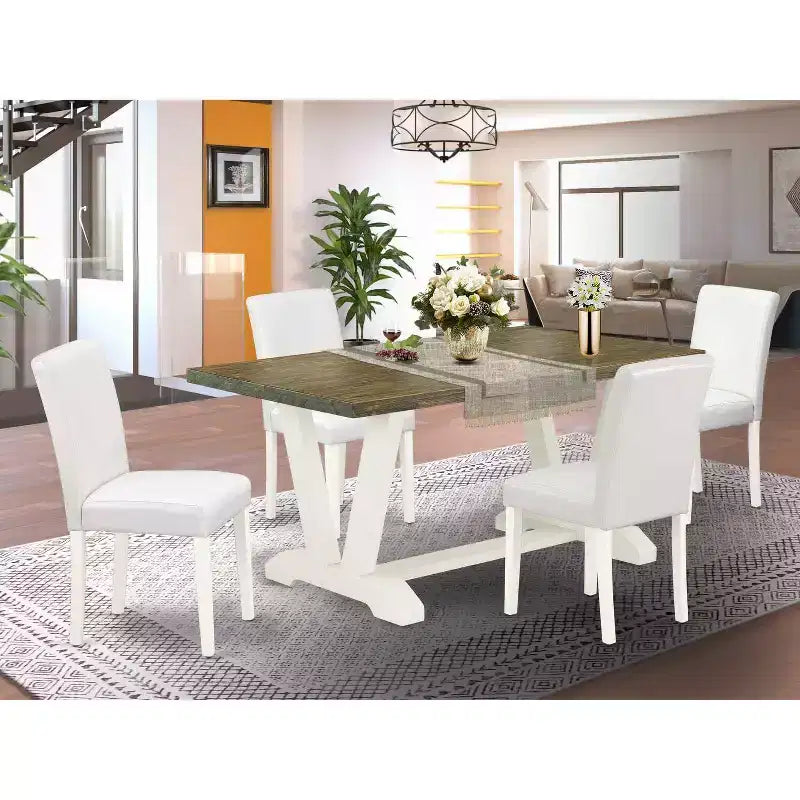 HomeStock 5-tlg. Essgruppe mit Tischplatte aus Massivholz in antikem Jacobean-Finish und 4 Parson-Stühlen