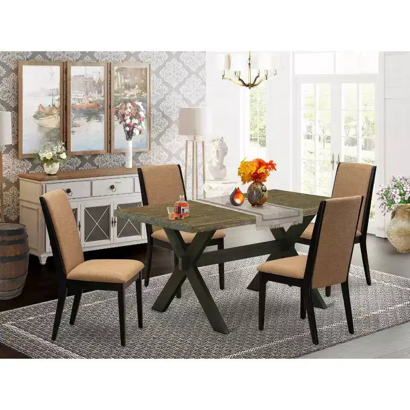 HomeStock 5-teiliges Esszimmerset, rechteckiger Tisch mit massiver Holzplatte in distressed Jacobean-Optik und 4 Stühlen