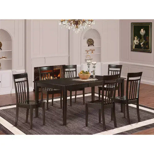 7-teiliges Esszimmerset – Tisch mit Schmetterlingsauszug & 6 Holzstühle – Küchen-Essgruppenset – Cappuccino-Finish