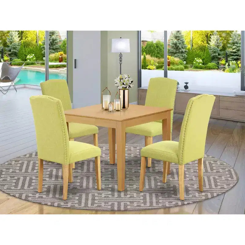 Neoklassizistisches Esszimmer-Set - 5-tlg. quadratischer Tisch & Parson-Stühle - Eichenbeine, Leinenstoff - 91 cm