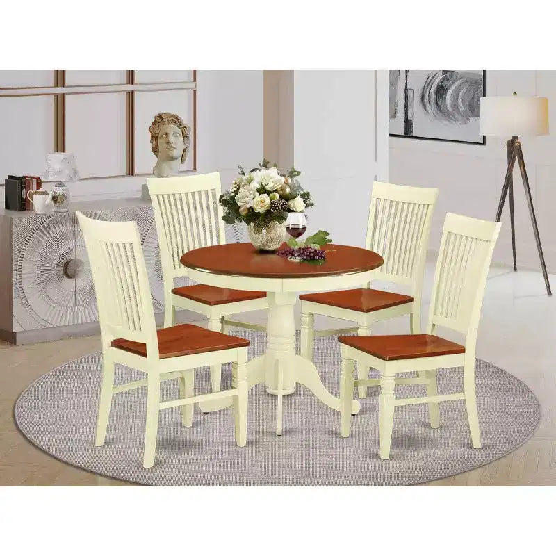 Rustikales Esszimmer-Set, 5-teilig – Küchentisch & 4 Stühle – runder Tisch mit Holzsitzen – Landhausstil