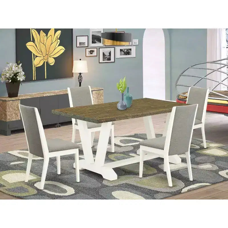 HomeStock 5-teiliges Esszimmer-Set, rechteckiger Tisch mit gebürsteter Oberfläche in Leinenweiß und Massivholzplatte, inklusive 4 Stühlen