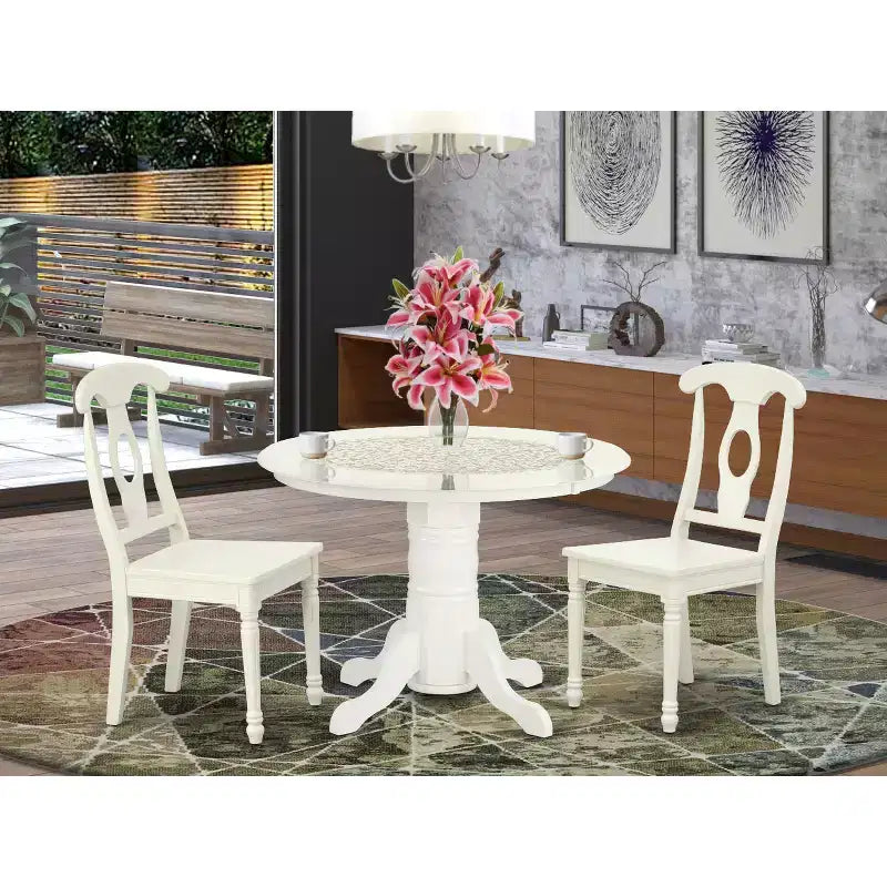 Rundes Esszimmerset 3-tlg. - 107 cm Tisch & 2 Stühle - Küchen-Essgruppe in Leinenweiß