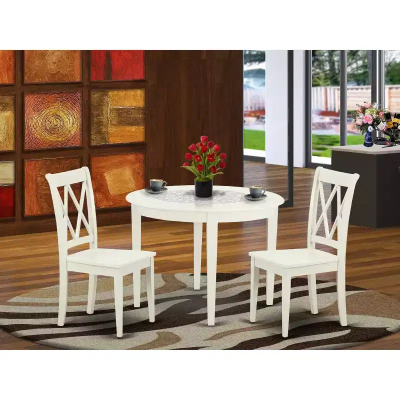 Nordisches Esszimmer-Set – 3-teiliger Tisch mit Stühlen – 107 cm runder Tisch – Ausführung in Leinenweiß – Moderne Möbel