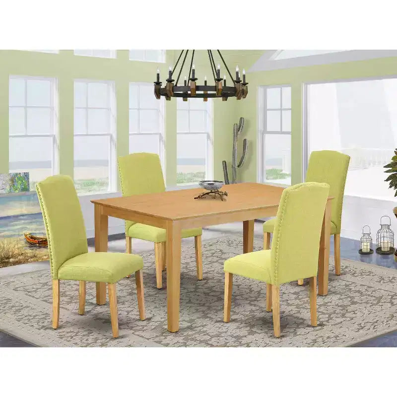 Viktorianisches Esszimmer-Set - 5-tlg. rechteckiger Tisch & 4 Stühle - Vintage-Leinenstoff - Eichenbeine - 60"-Tisch