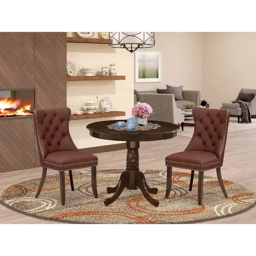 3-teiliges Esszimmer-Set mit runder Massivholzplatte in Antik-Walnuss-Optik und gepolsterten Stühlen – für 4 Personen