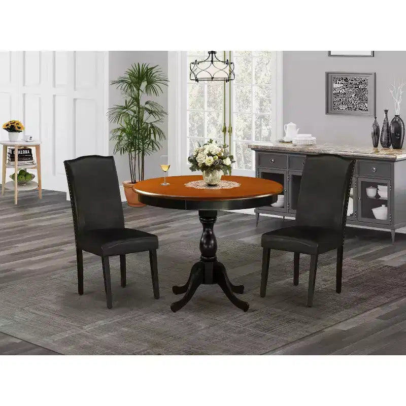 3-teiliges Esszimmer-Set, Tischplatte aus Massivholz in Schwarz und Kirschbaum-Optik, mit Stühlen mit hoher Rückenlehne, für 4 Personen