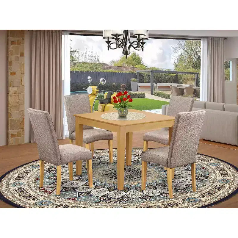 Landhaus-Essgruppe - 5-tlg. quadratischer Tisch & 4 Stühle - Leinenstoff - Eiche-Finish