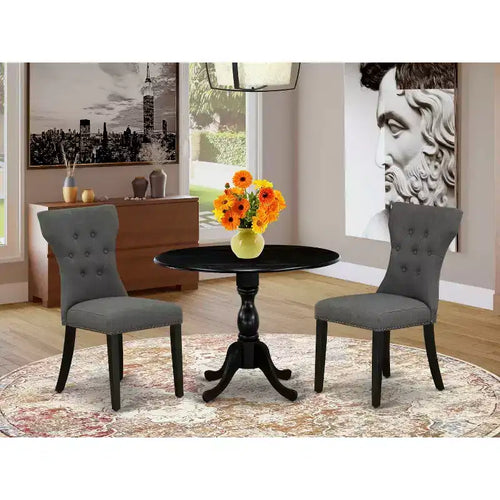 3-teiliges Esszimmer-Set mit Tischplatte aus gebürstetem Massivholz in Schwarz – mit Knopfheftung – für 4 Personen