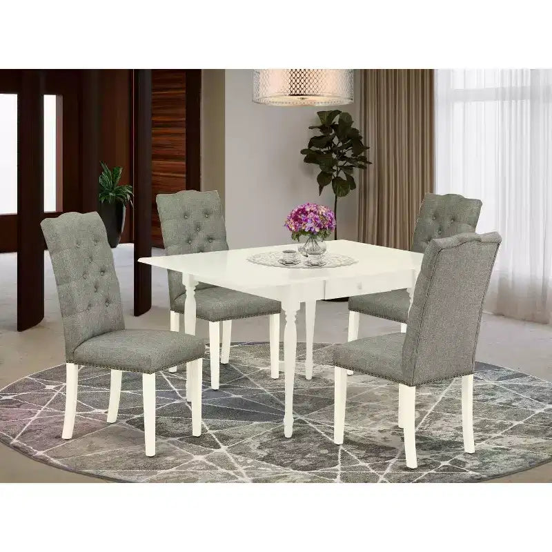 HomeStock 5-teiliges Esszimmer-Set, Leinenweißes Finish, Massivholzplatte, mit Einlegeplatte, für 4 Personen