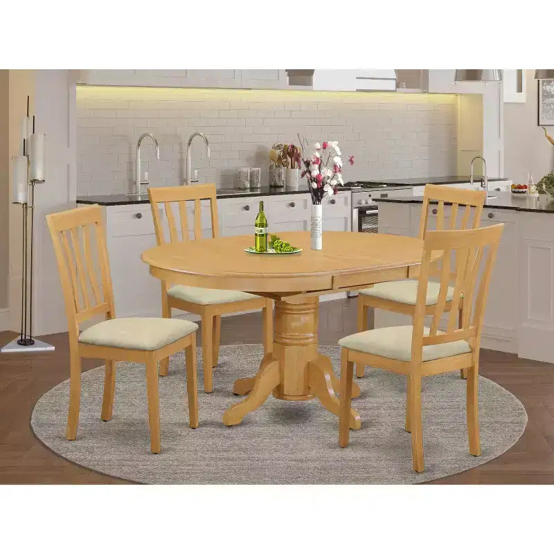 HomeStock 5-teiliges Esszimmerset, ovaler Tisch mit massiver Holzplatte in Eichenoptik, 4 Stühle mit Leinenbezug und Lattenrückenlehne, für 4 Personen