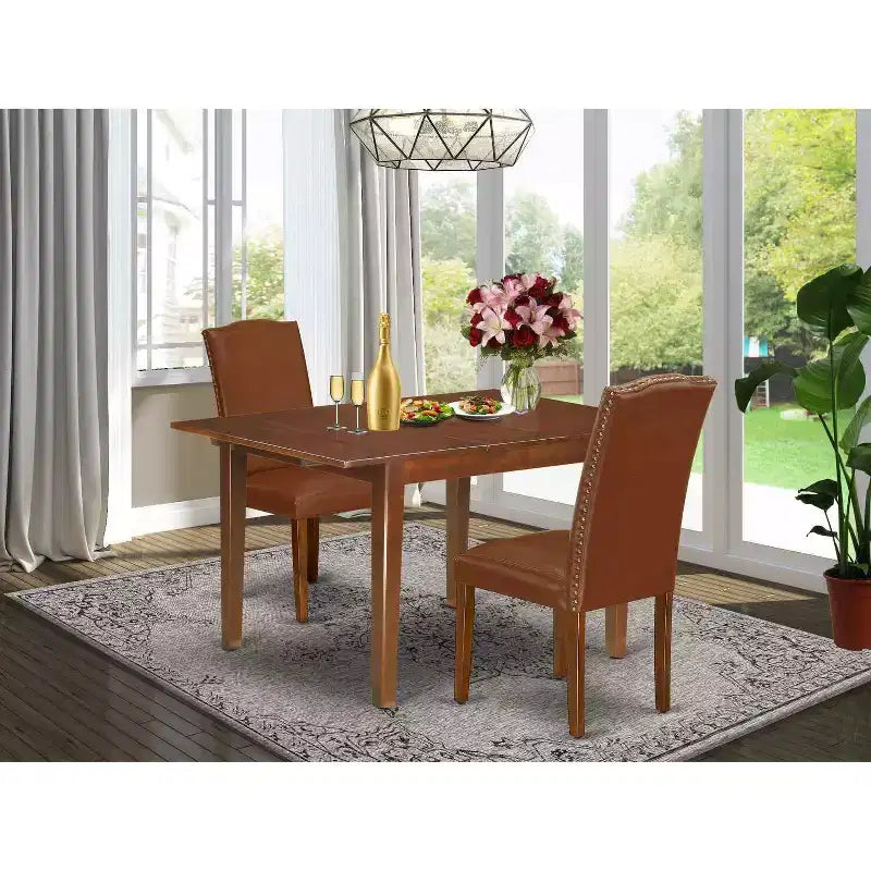 Rechteckiges Esszimmertisch-Set - 3-tlg. Tisch mit Schmetterlingsauszug & 2 Parsons-Stühle - Braunes Kunstleder