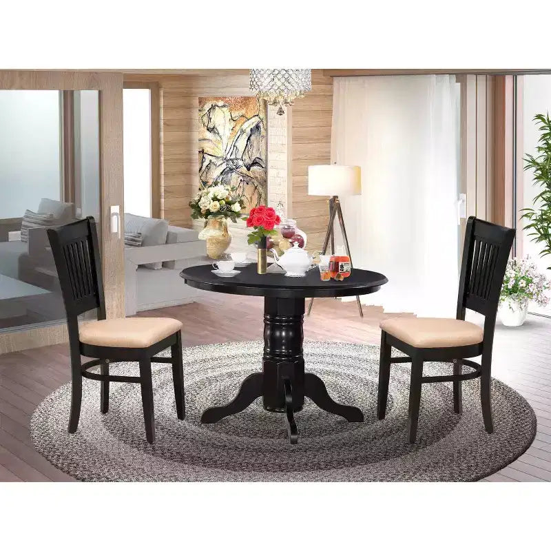 3-teiliges Esszimmer-Set, schwarzes Finish, Massivholzplatte – für 4 Personen