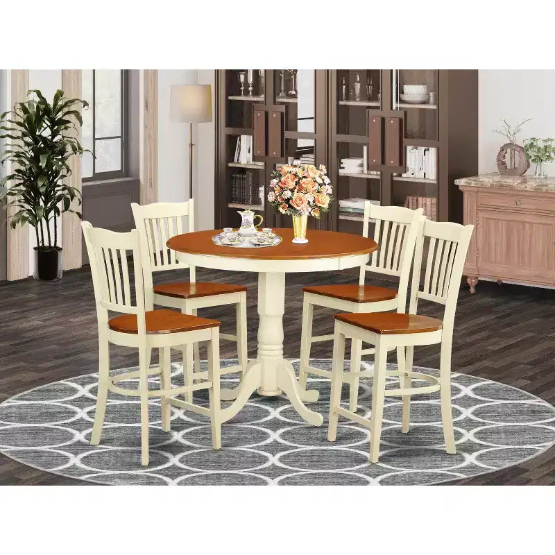 5-teiliges Esszimmer-Set Coastal – Runder Tisch & 4 Stühle – Ausführung in Buttermilch & Kirschbaum