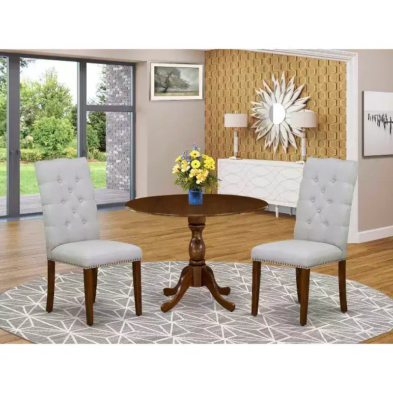 3-teiliges Esszimmer-Set mit Massivholzplatte in Akazie-Walnuss-Optik und Knopfheftung (für 4 Personen)