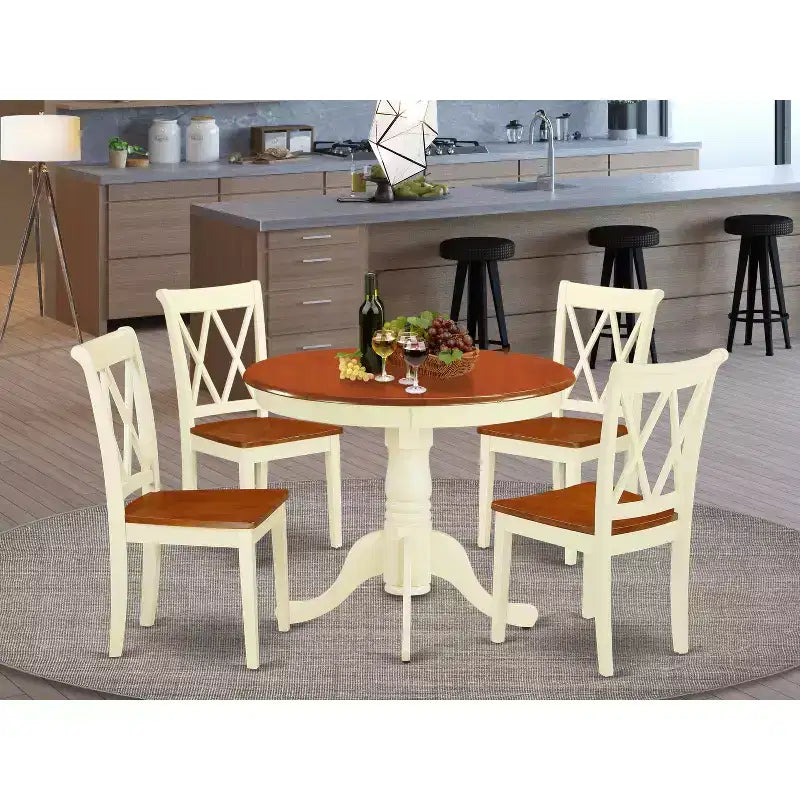HomeStock 5-tlg. Esstisch-Set, rund, Buttermilch- & Kirschbaum-Finish, Tischplatte aus Massivholz mit 4 Stühlen mit Querstreben-Rückenlehne