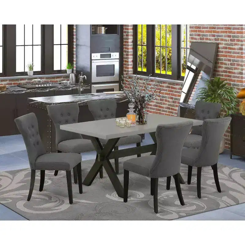 HomeStock 7-teiliges Esszimmer-Set, rechteckiger Tisch mit Tischplatte aus massivem Eichenholz in Natur-Finish und 6 Polsterstühlen