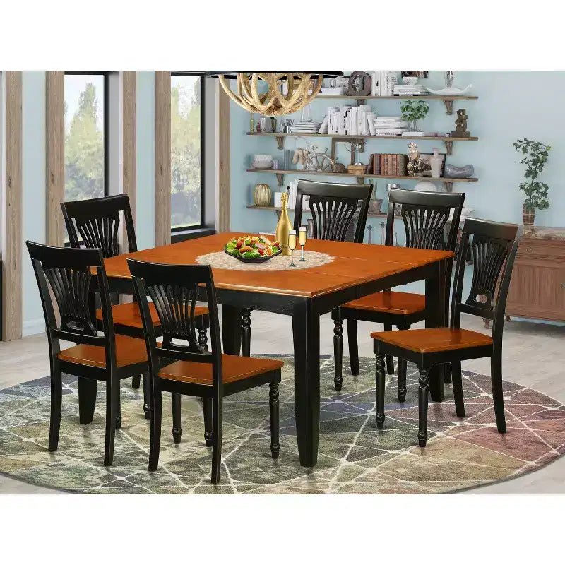 HomeStock 7-teiliges quadratisches Esszimmerset mit Tisch in Schwarz und Kirschholzoptik sowie 6 Stühlen mit Lattenrücken, für 6 Personen