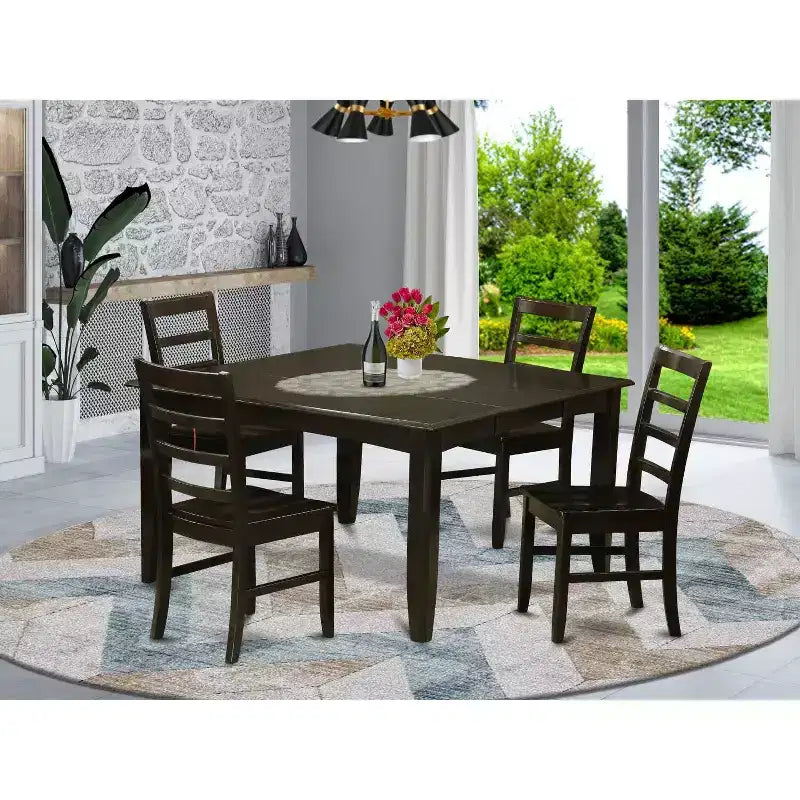 HomeStock 5-teiliges quadratisches Essgruppen-Set, Tisch mit Cappuccino-Finish und Massivholzplatte, inklusive 4 Stühlen