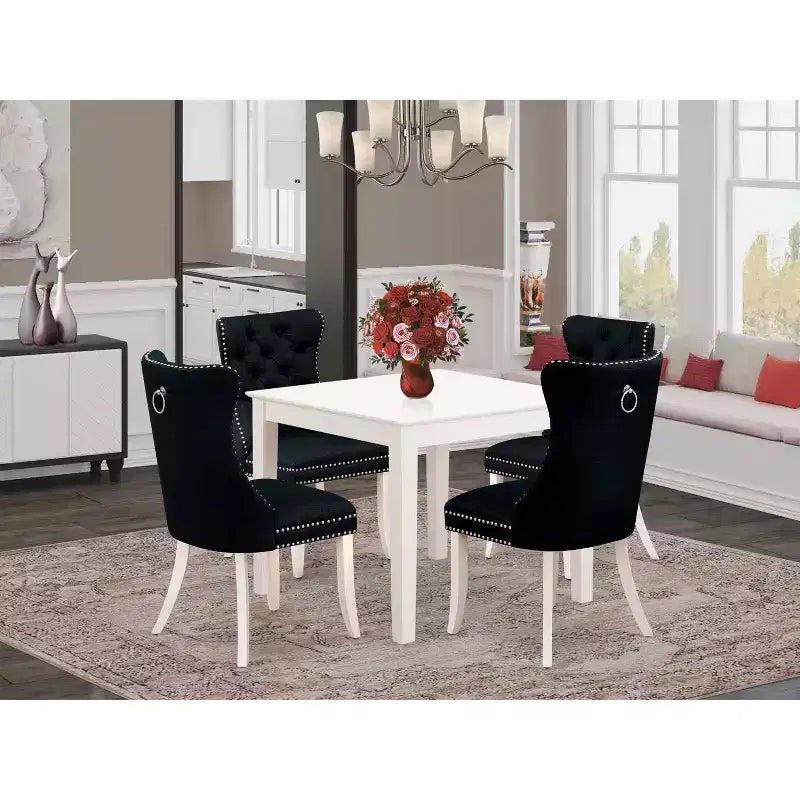 5-teiliges Esszimmer-Set, quadratisch, weiße Leinen-Optik, Tischplatte aus Massivholz, gepolstert – für 4 Personen