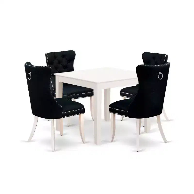 5-teiliges Esszimmer-Set, quadratisch, weiße Leinen-Optik, Tischplatte aus Massivholz, gepolstert – für 4 Personen