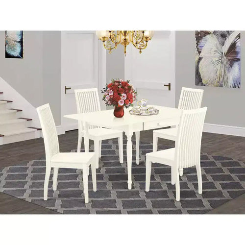 5-teiliges Esszimmer-Set, weißes Leinen-Finish, Tischplatte aus Massivholz, für 4 Personen