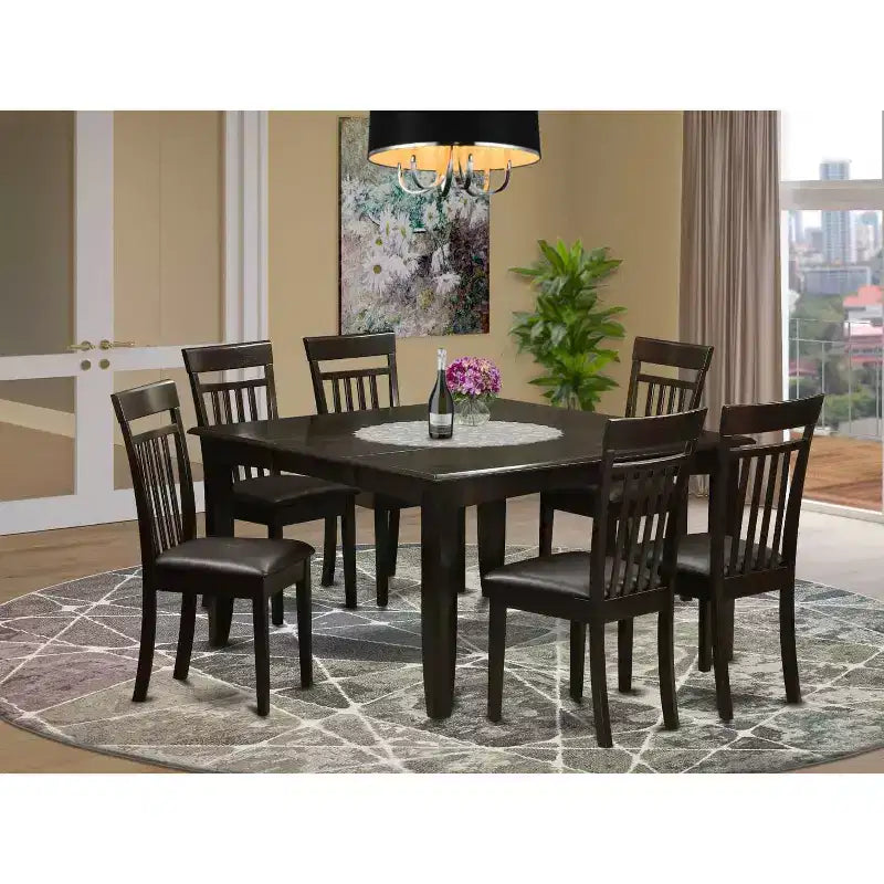 HomeStock 7-teiliger quadratischer Esstisch mit Cappuccino-Finish und Massivholzplatte mit 6 Stühlen