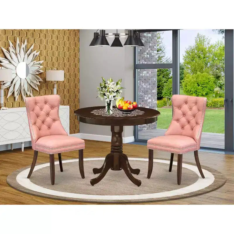 HomeStock 3-teiliges Esszimmer-Set – runde Tischplatte aus Massivholz in Antik-Nussbaum-Optik mit gepolsterten Stühlen – (für 4 Personen)