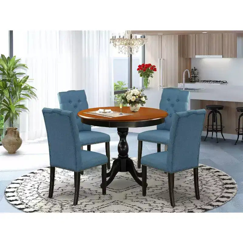HomeStock 5-teiliges Esszimmerset, runder Tisch mit Tischplatte aus Massivholz in Schwarz und Kirschbaumoptik sowie 4 Stühlen