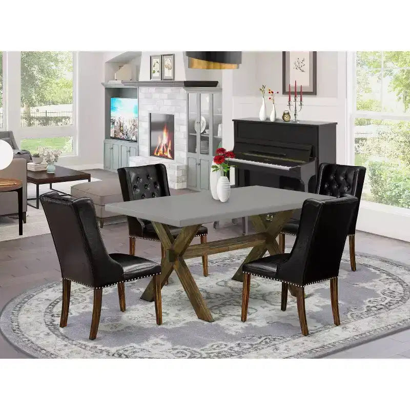 HomeStock 5-teiliges Esszimmerset mit Tischplatte aus Massivholz in Antik-Jakobean-Optik und 4 Polsterstühlen