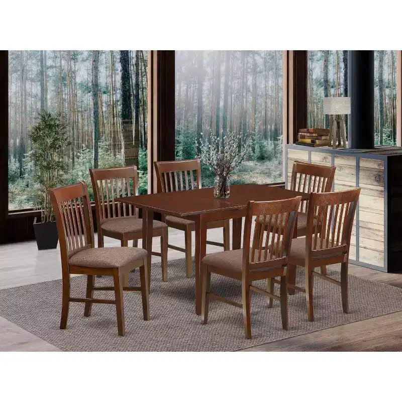 Antikes Esszimmer-Set - 7-teiliges Tisch- & Stuhl-Set - Rechteckiger Holztisch mit Einlegeplatte & Leinenstühlen