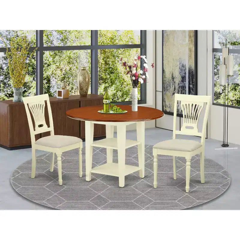 3-teiliges Essgruppen-Set – Runder Tisch & 2 Stühle – Esszimmermöbel im Antik-Stil