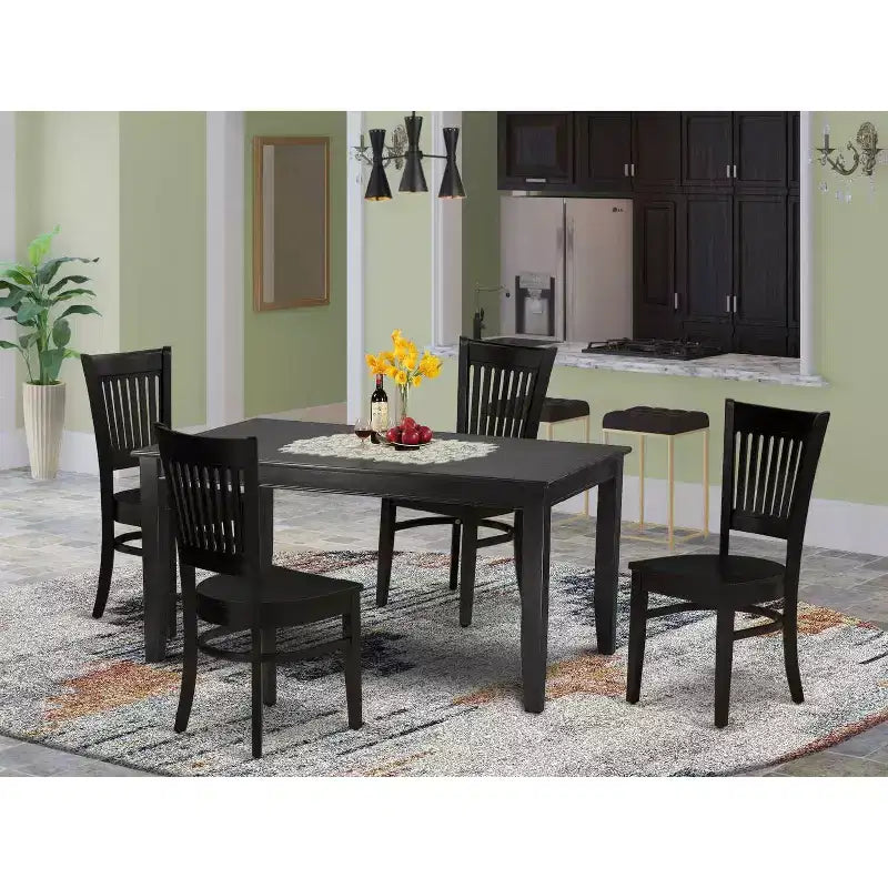 HomeStock 5-teiliges Esszimmer-Set, rechteckig, schwarzes Finish, Massivholzplatte, mit 4 Stühlen mit Lattenrückenlehne