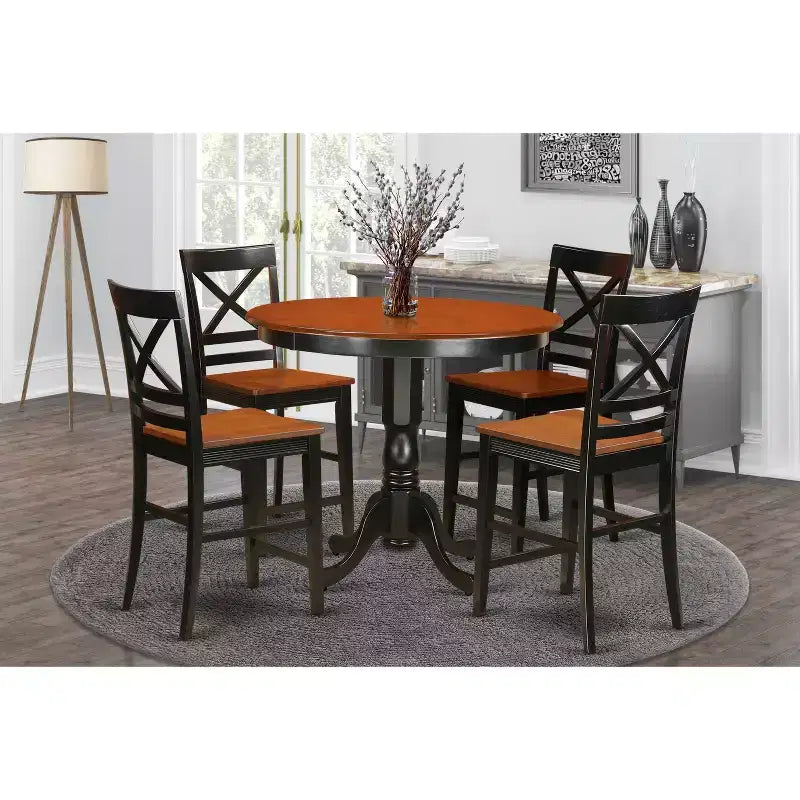 Set mit Thekenhöhe – 5-teiliges Tisch- & Stuhlset – Moderne Esszimmermöbel – Finish in Schwarzkirsche