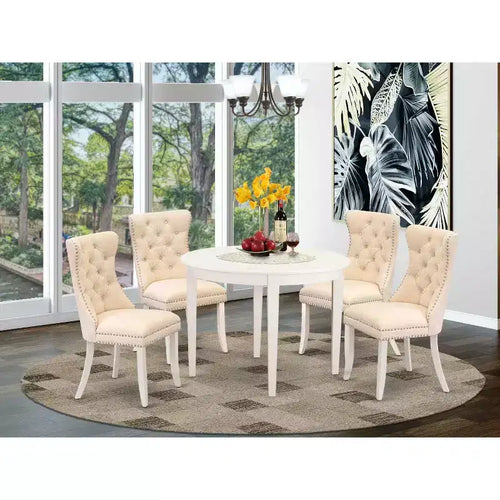 5-teiliges Esszimmer-Set, massives Holz, weißes Leinen – runder Tisch mit Polsterstühlen – für 4 Personen