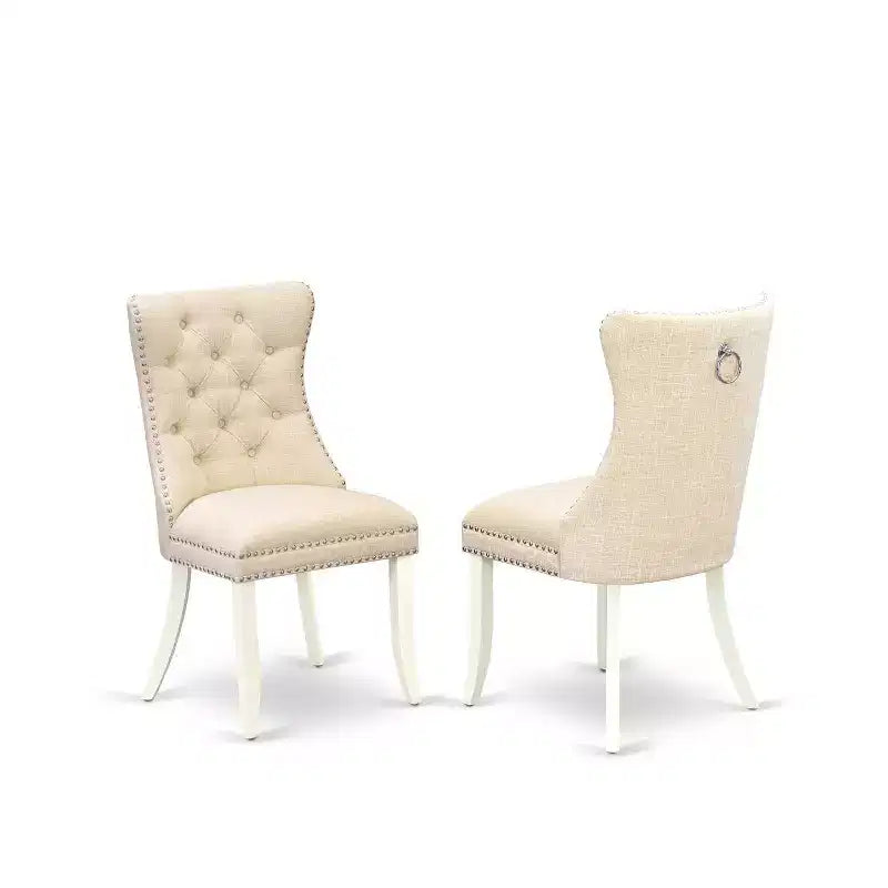 5-teiliges Esszimmer-Set, massives Holz, weißes Leinen – runder Tisch mit Polsterstühlen – für 4 Personen
