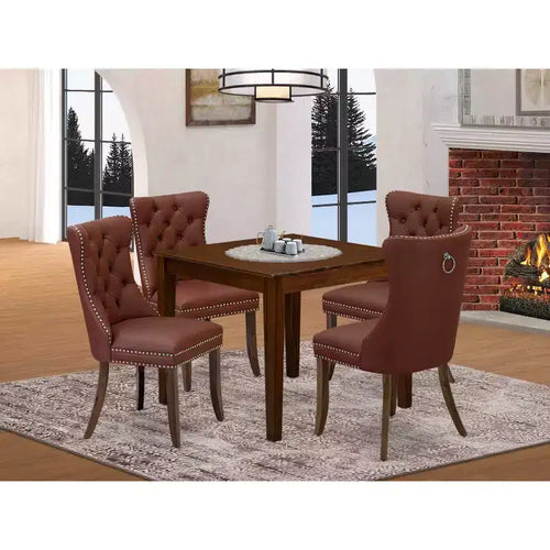 5-teiliges Esszimmer-Set mit Tischplatte aus massivem Holz in antikem Walnuss-Finish und quadratischen Polsterstühlen – für 4 Personen