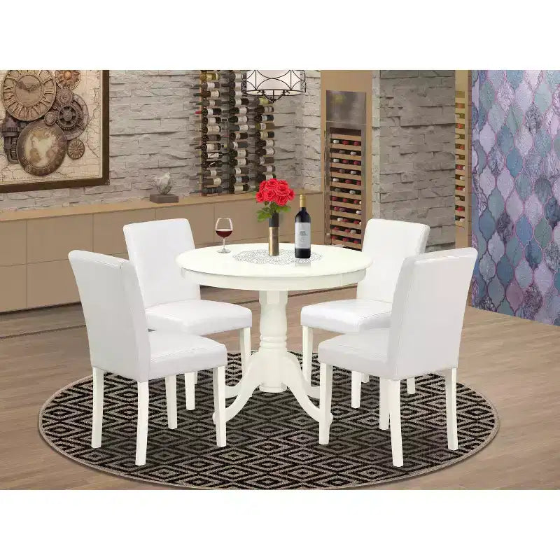 Boho Essgruppe 5-tlg. - Runder Tisch & 4 Parsons-Stühle - 91 cm - Leinenweiß