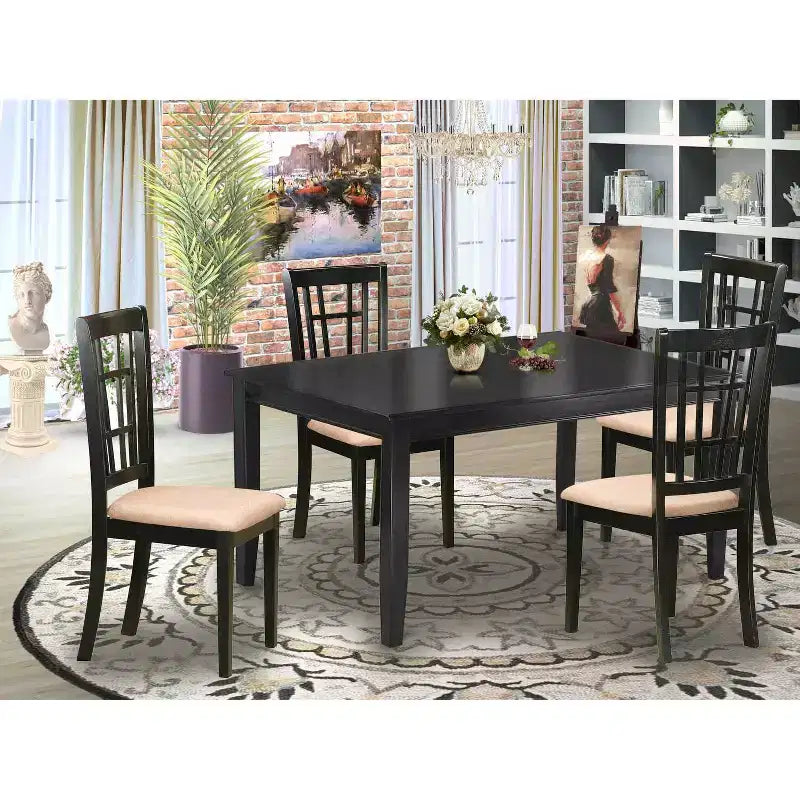 HomeStock 5-teiliges Esszimmerset mit rechteckigem Tisch in Schwarz mit Massivholzplatte und 4 Stühlen