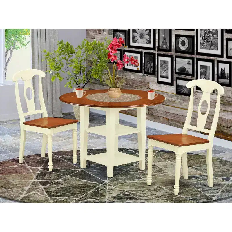 HomeStock 3-teiliges Esszimmertisch-Set mit runder Massivholzplatte in Buttermilch- und Kirschbaum-Optik