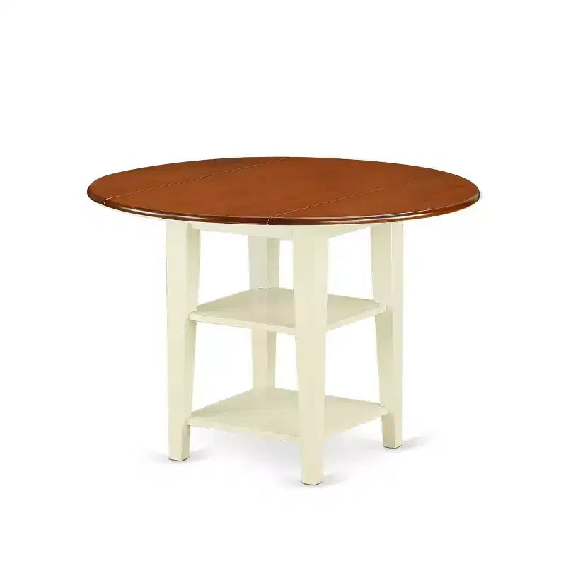 HomeStock 3-teiliges Esszimmertisch-Set mit runder Massivholzplatte in Buttermilch- und Kirschbaum-Optik